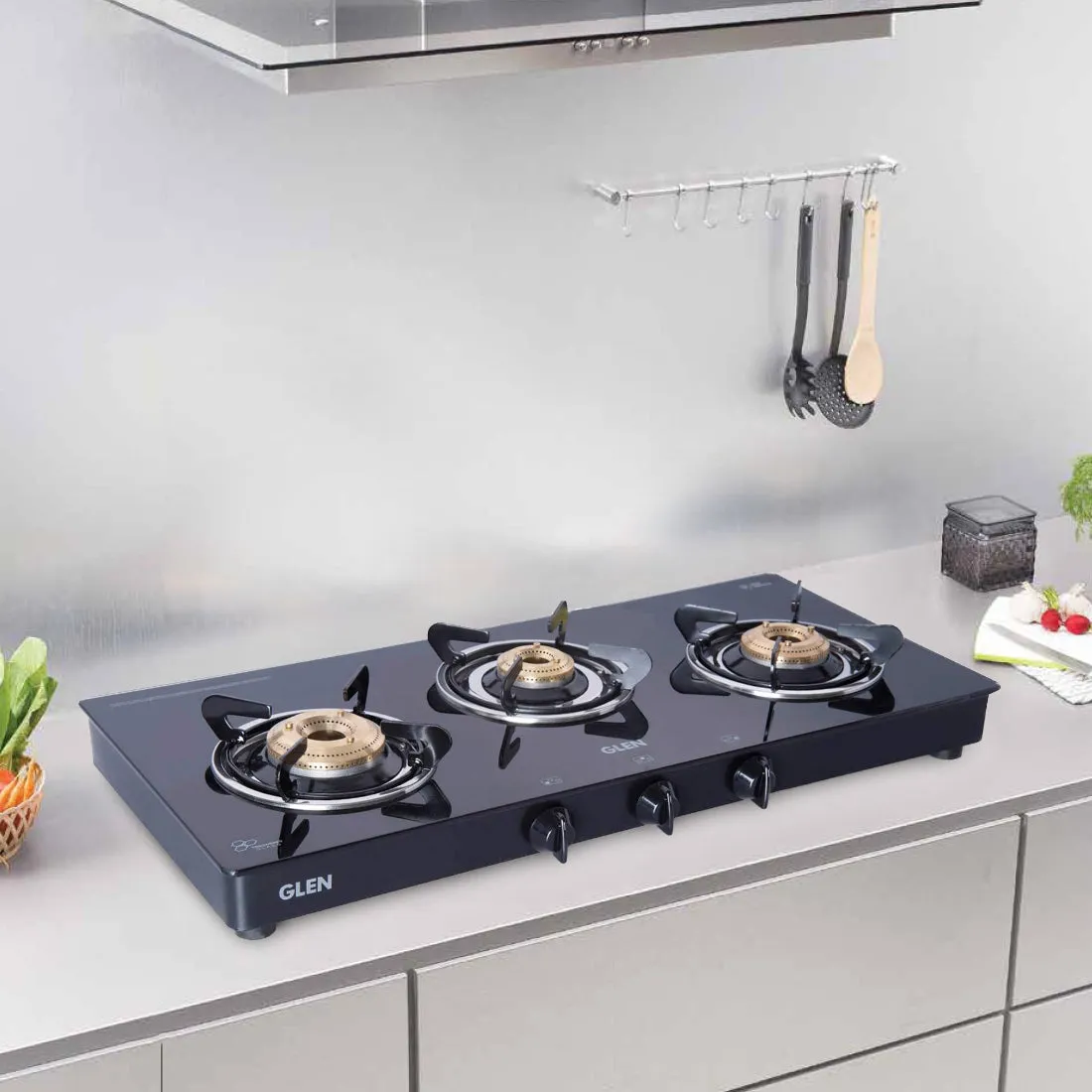 3 Burner Glass Gas Stove with High Flame Brass Burner Extra Large Black (1033 GTXL BB BL) - Manual/ Auto Ignition