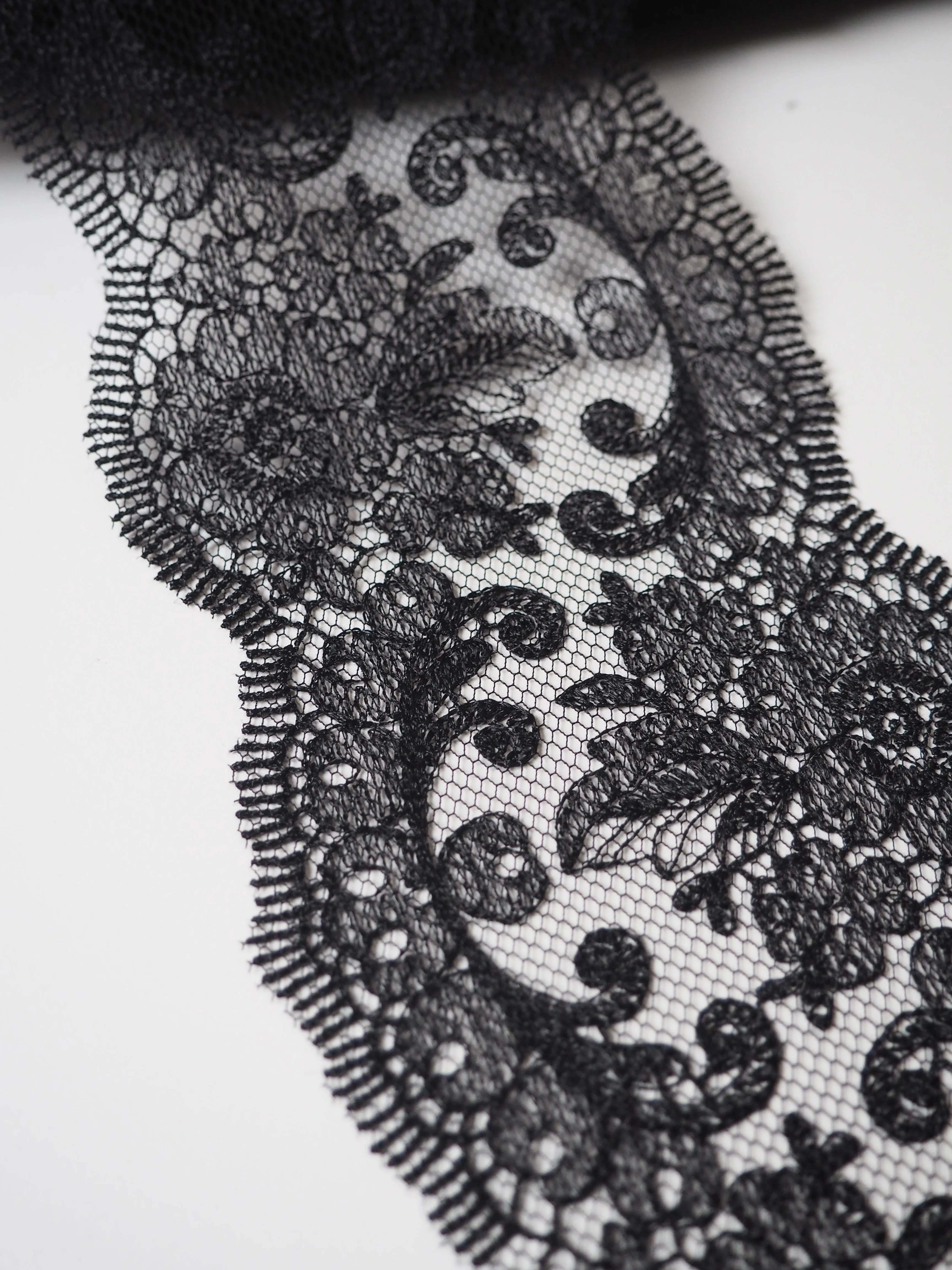 Black Filigree Corded Scallop Lace Trim 10cm