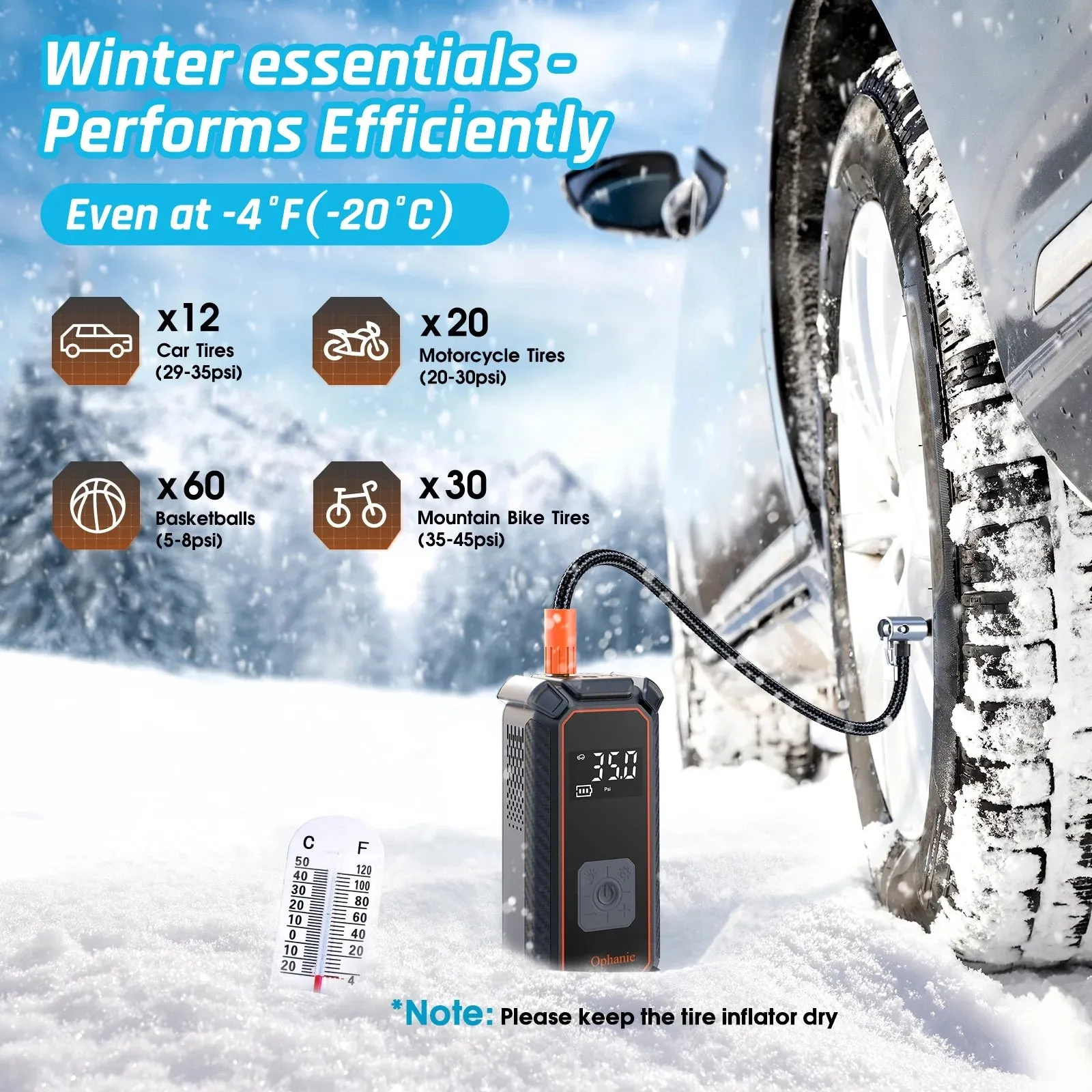 Ophanie Cordless Portable Tire Inflator - 160 Psi Digital Pressure Gauge, Air Compressor for Car Tires with Automatic Shutoff, Emergency LED Light, Compact Automotive Pump, Switchable Wired