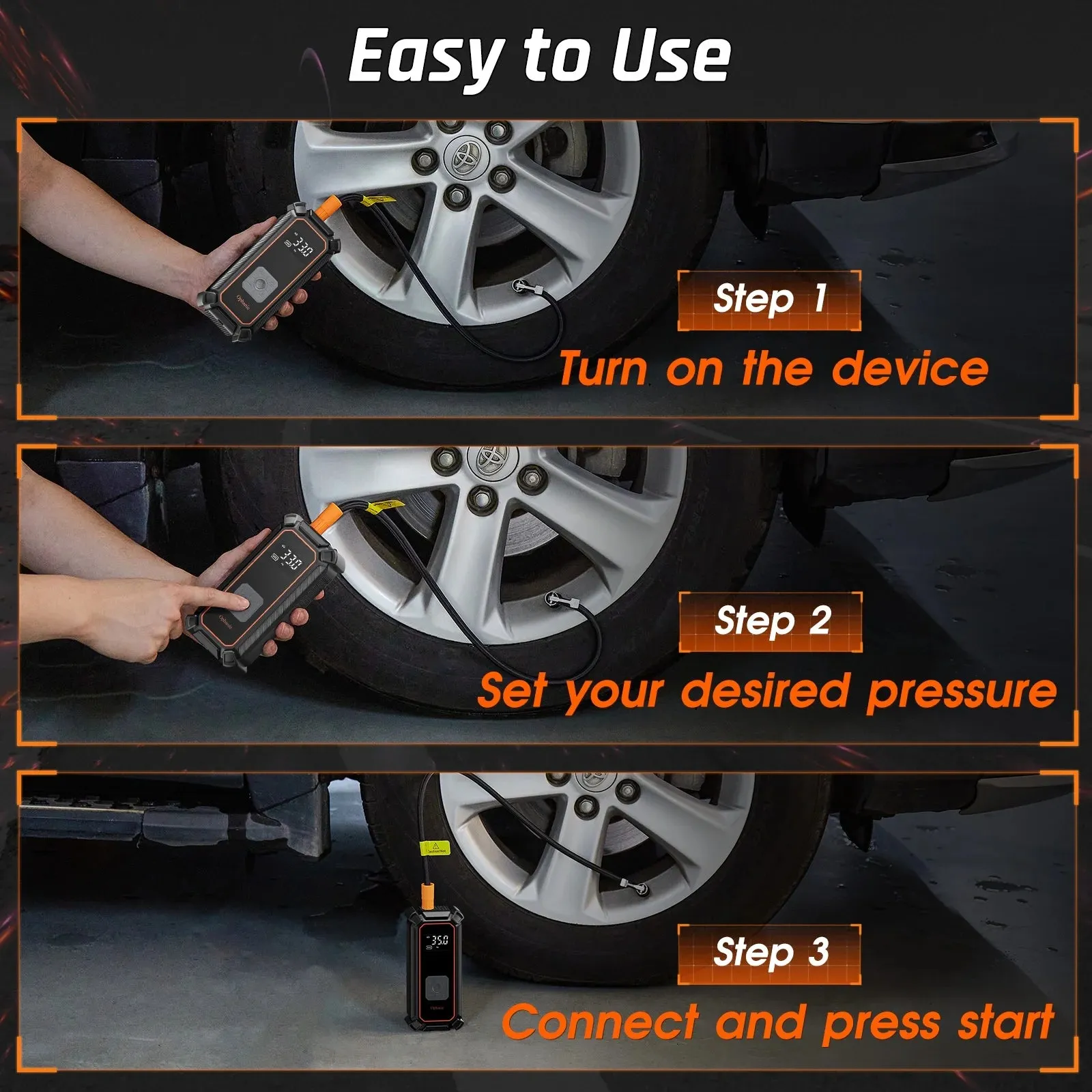 Ophanie Cordless Portable Tire Inflator - 160 Psi Digital Pressure Gauge, Air Compressor for Car Tires with Automatic Shutoff, Emergency LED Light, Compact Automotive Pump, Switchable Wired
