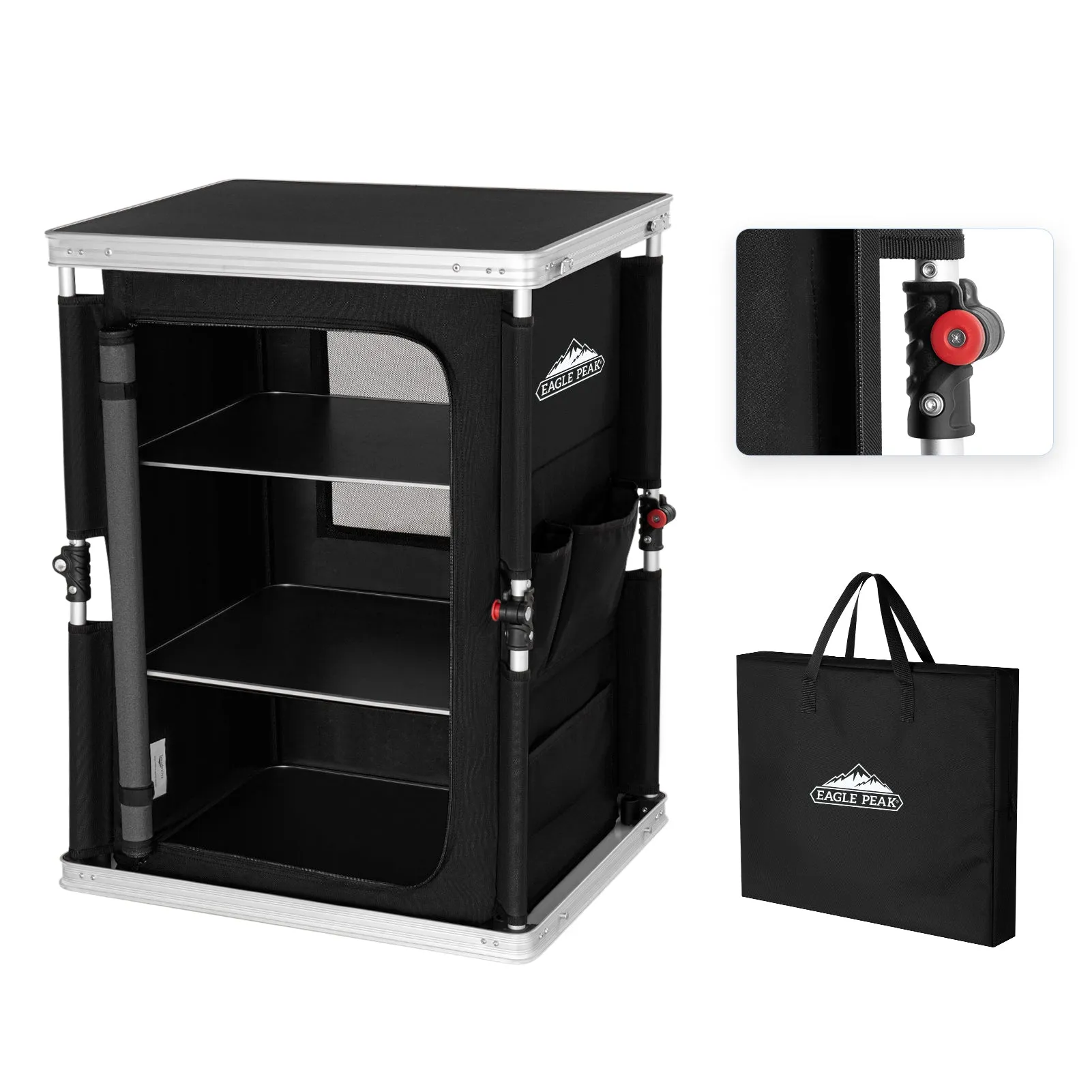 Outdoor Camping Pop Up Folding Table with Large 3-Tier Storage Organizer and Side Pockets