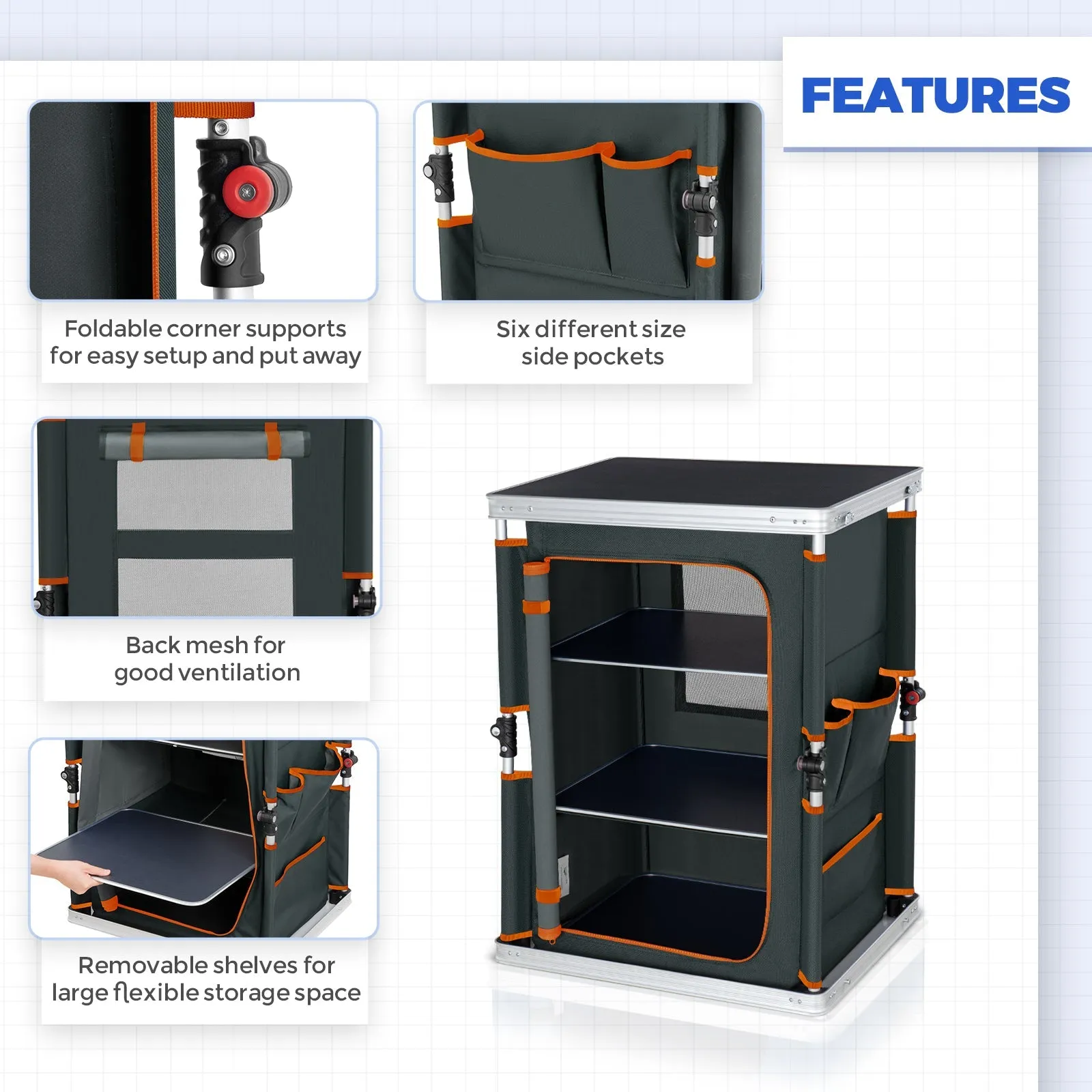 Outdoor Camping Pop Up Folding Table with Large 3-Tier Storage Organizer and Side Pockets