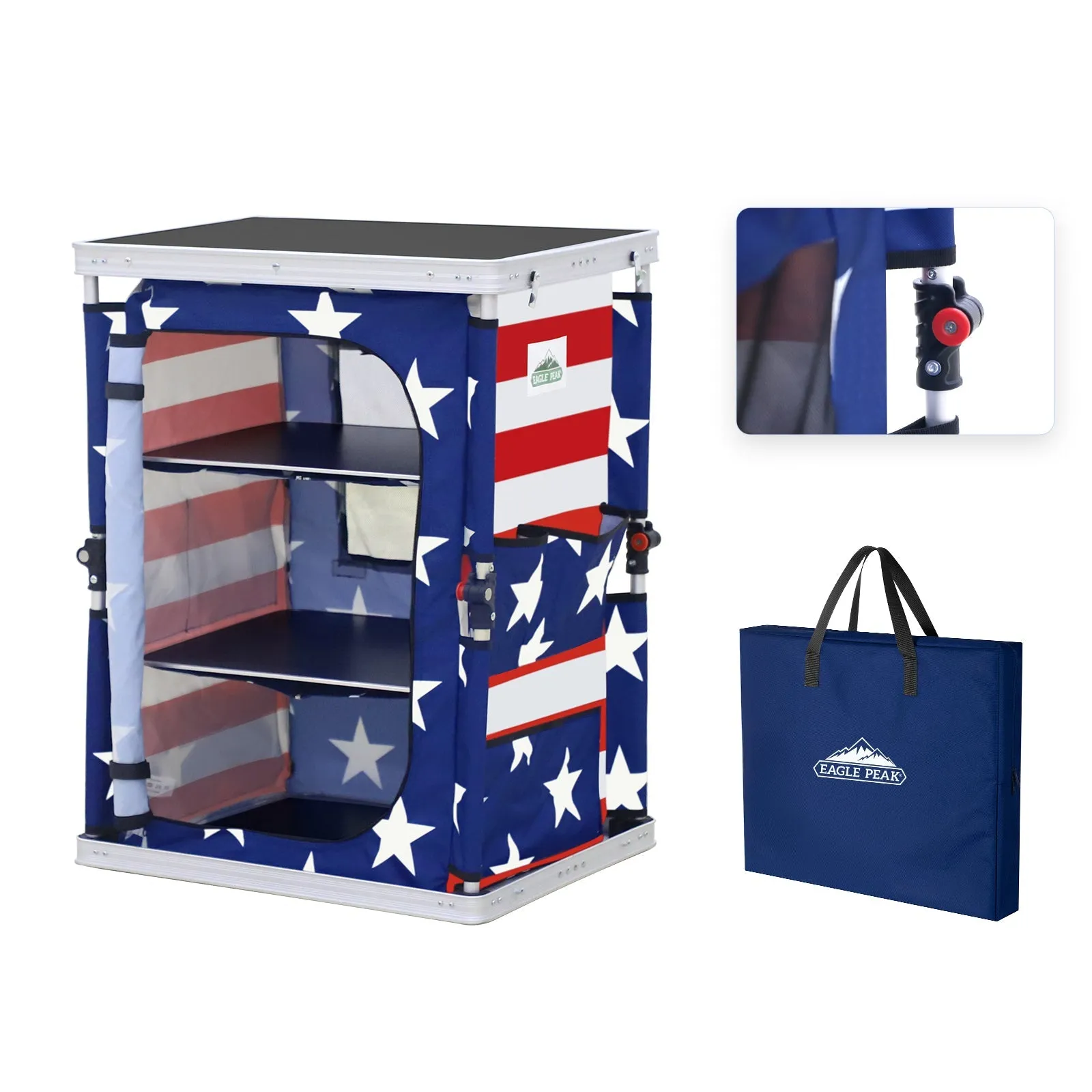 Outdoor Camping Pop Up Folding Table with Large 3-Tier Storage Organizer and Side Pockets