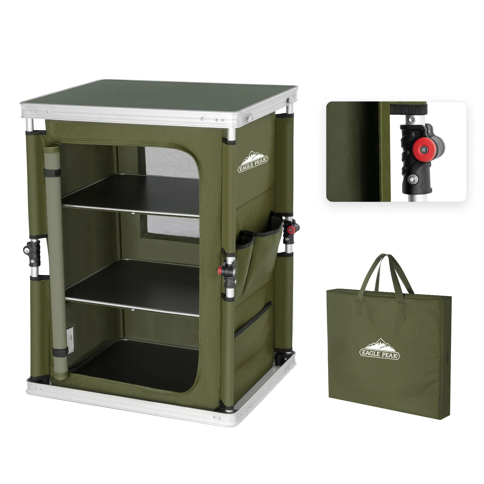 Outdoor Camping Pop Up Folding Table with Large 3-Tier Storage Organizer and Side Pockets