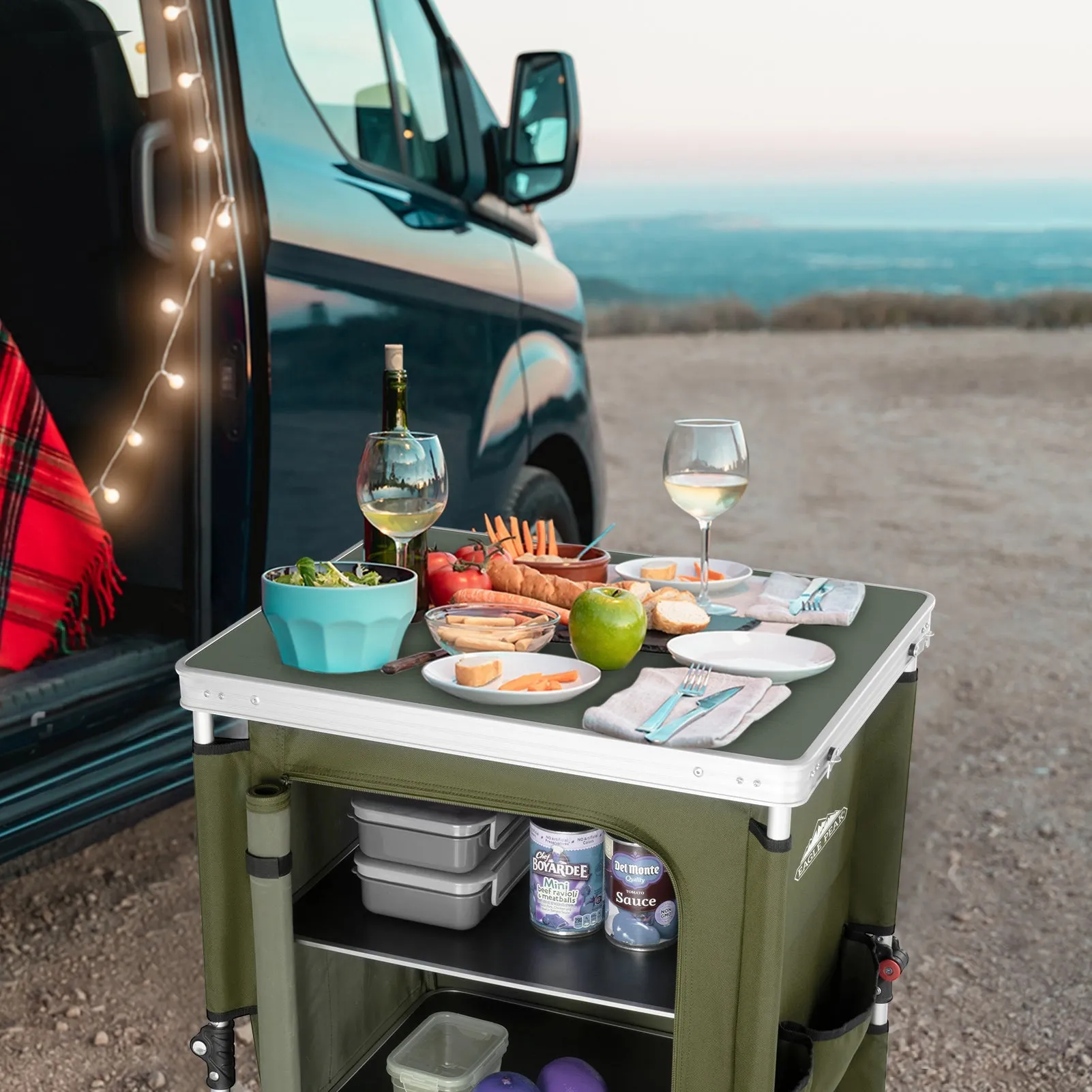 Outdoor Camping Pop Up Folding Table with Large 3-Tier Storage Organizer and Side Pockets