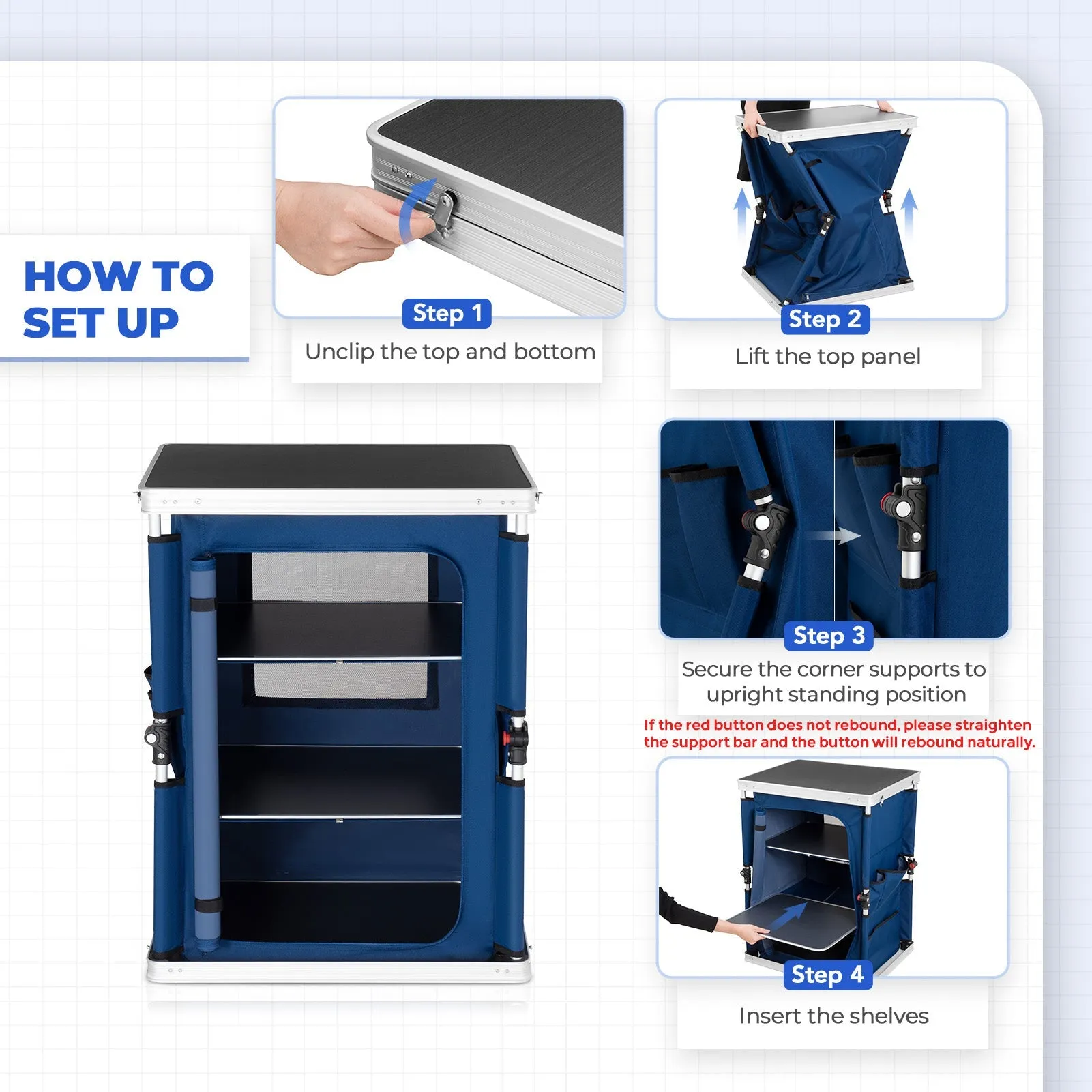 Outdoor Camping Pop Up Folding Table with Large 3-Tier Storage Organizer and Side Pockets