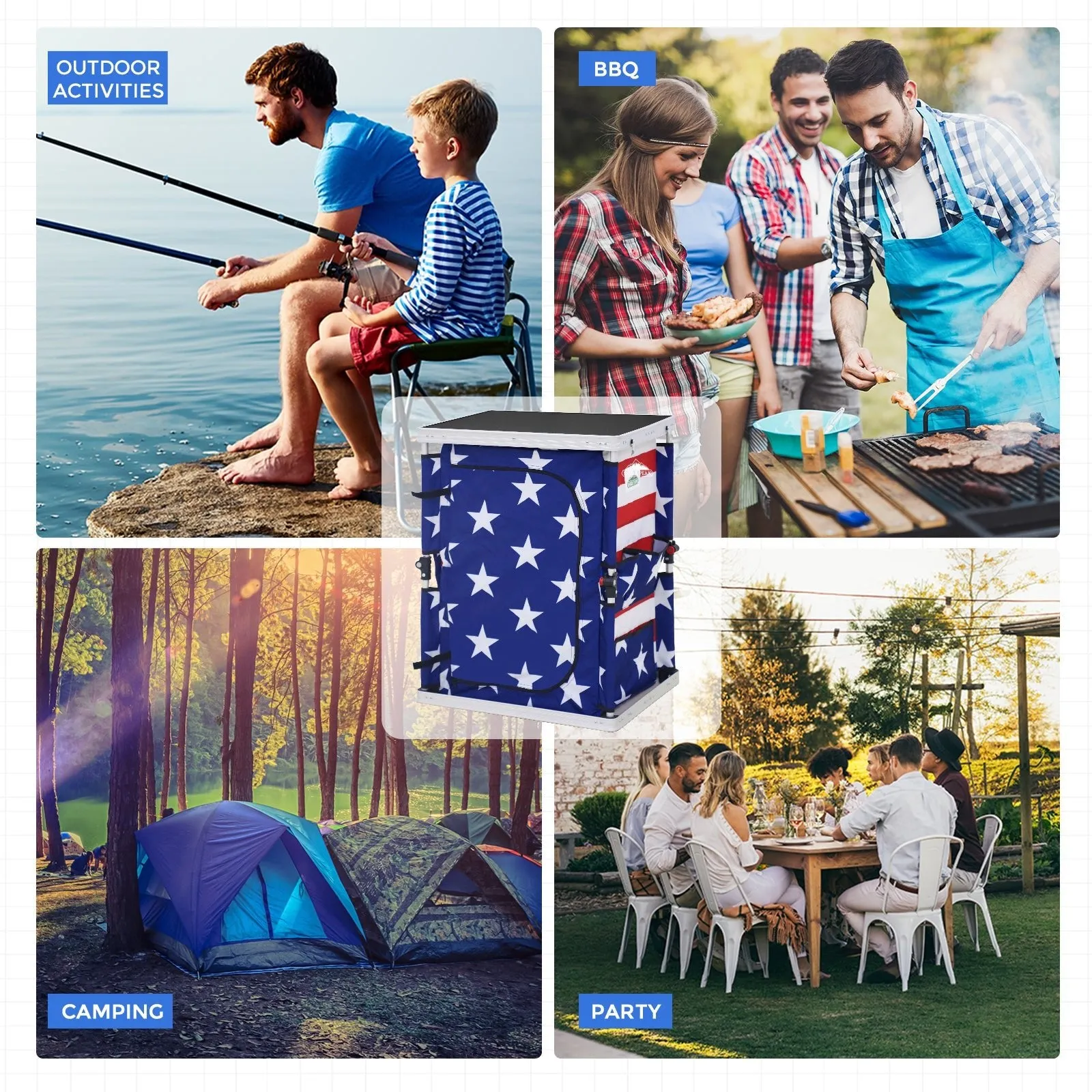 Outdoor Camping Pop Up Folding Table with Large 3-Tier Storage Organizer and Side Pockets