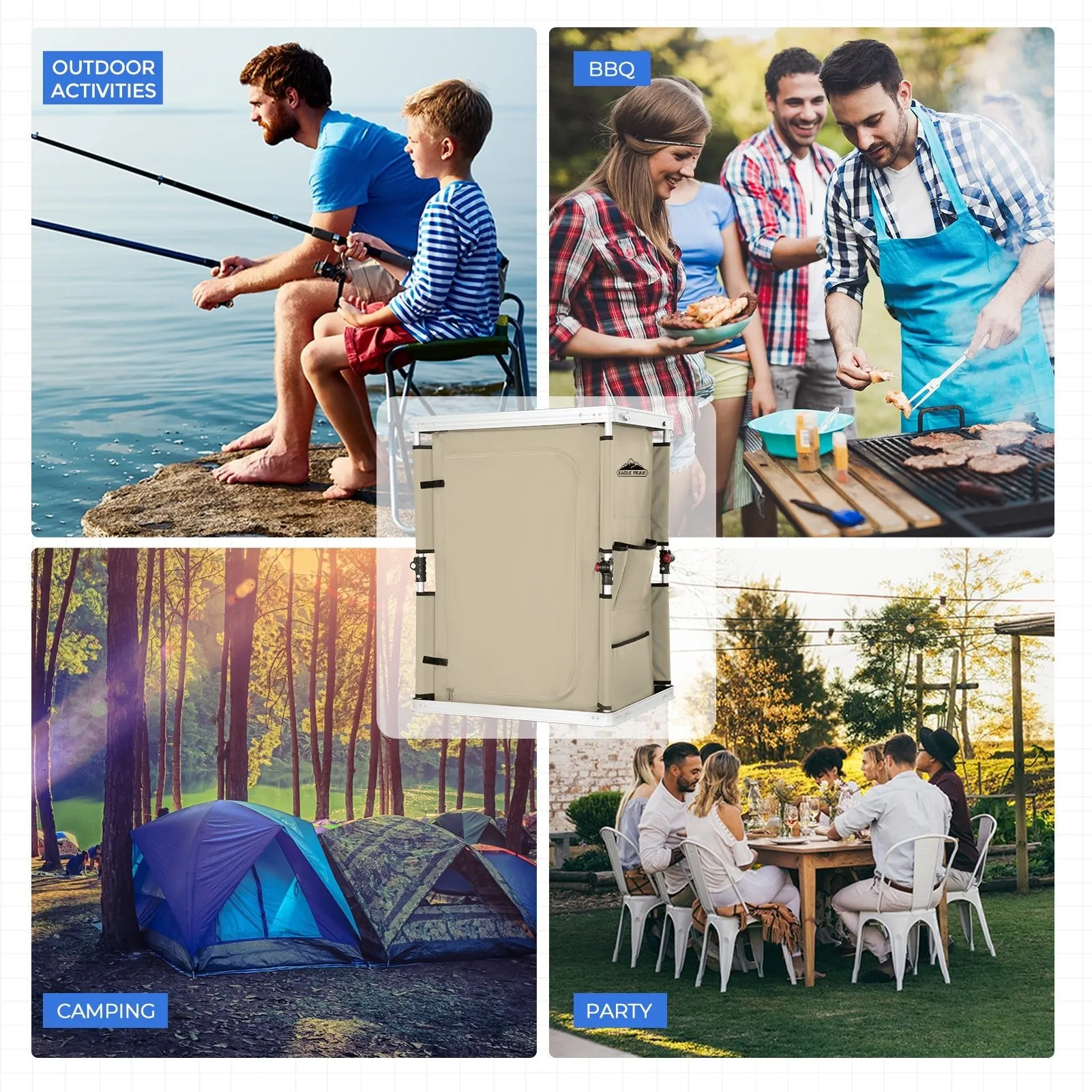 Outdoor Camping Pop Up Folding Table with Large 3-Tier Storage Organizer and Side Pockets