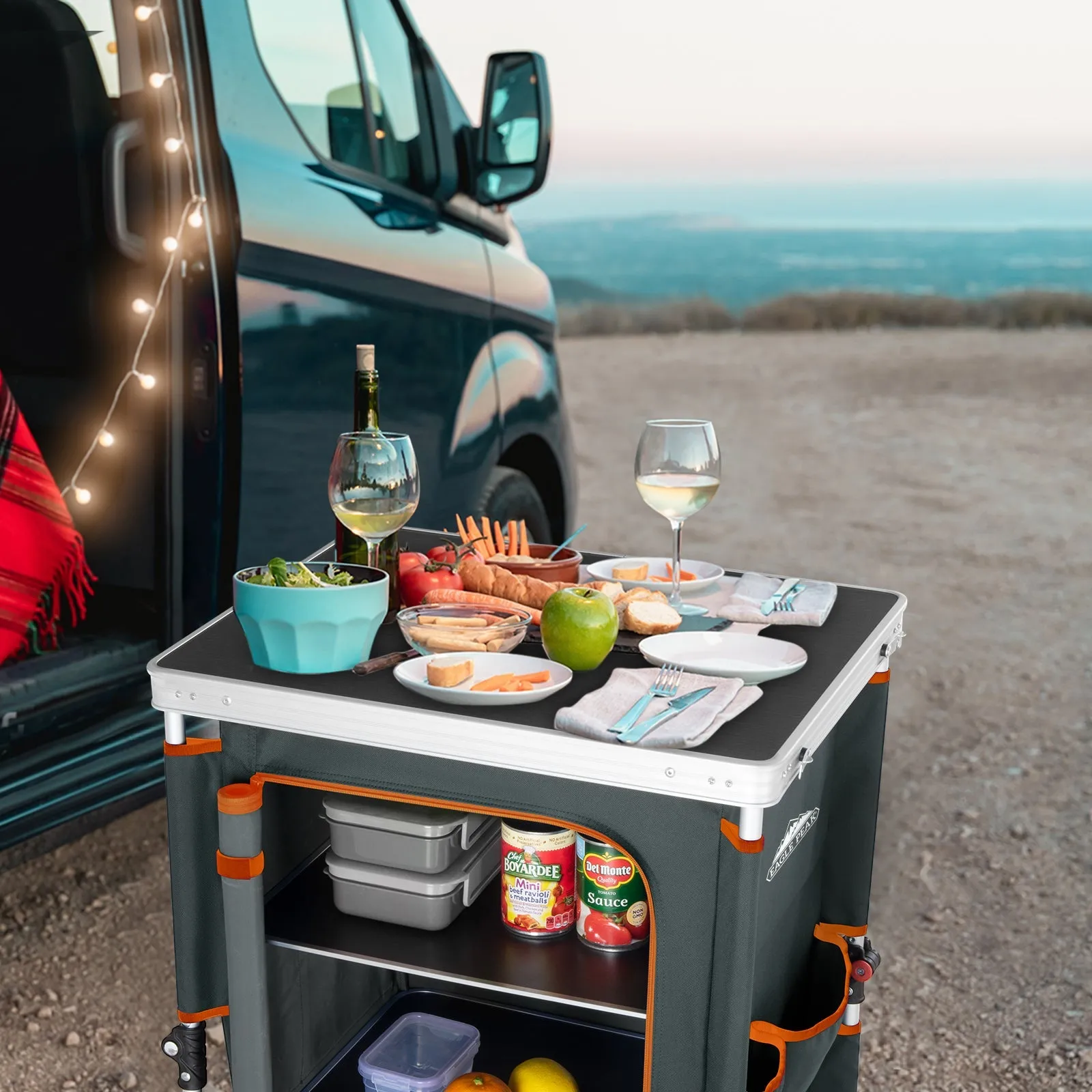 Outdoor Camping Pop Up Folding Table with Large 3-Tier Storage Organizer and Side Pockets