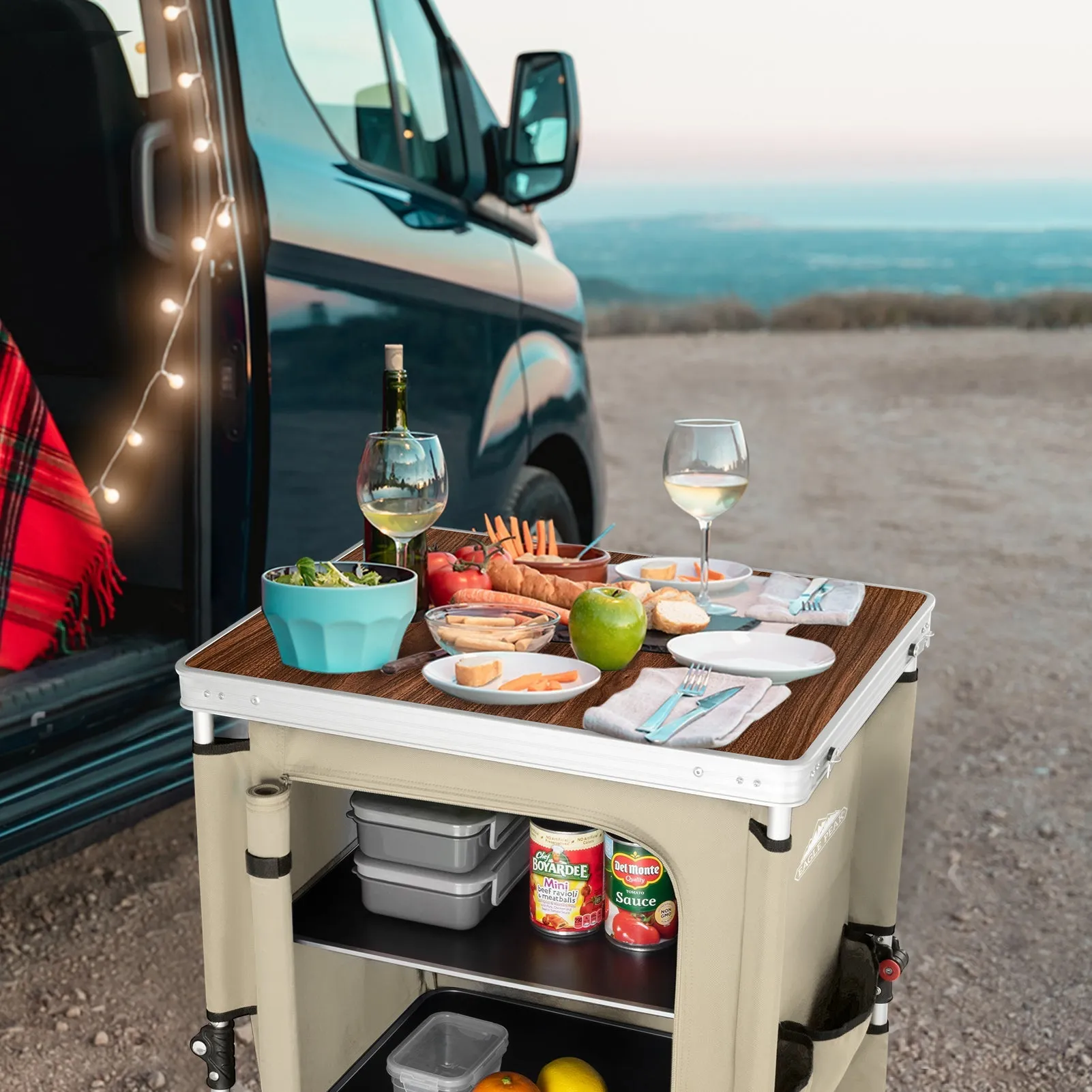 Outdoor Camping Pop Up Folding Table with Large 3-Tier Storage Organizer and Side Pockets