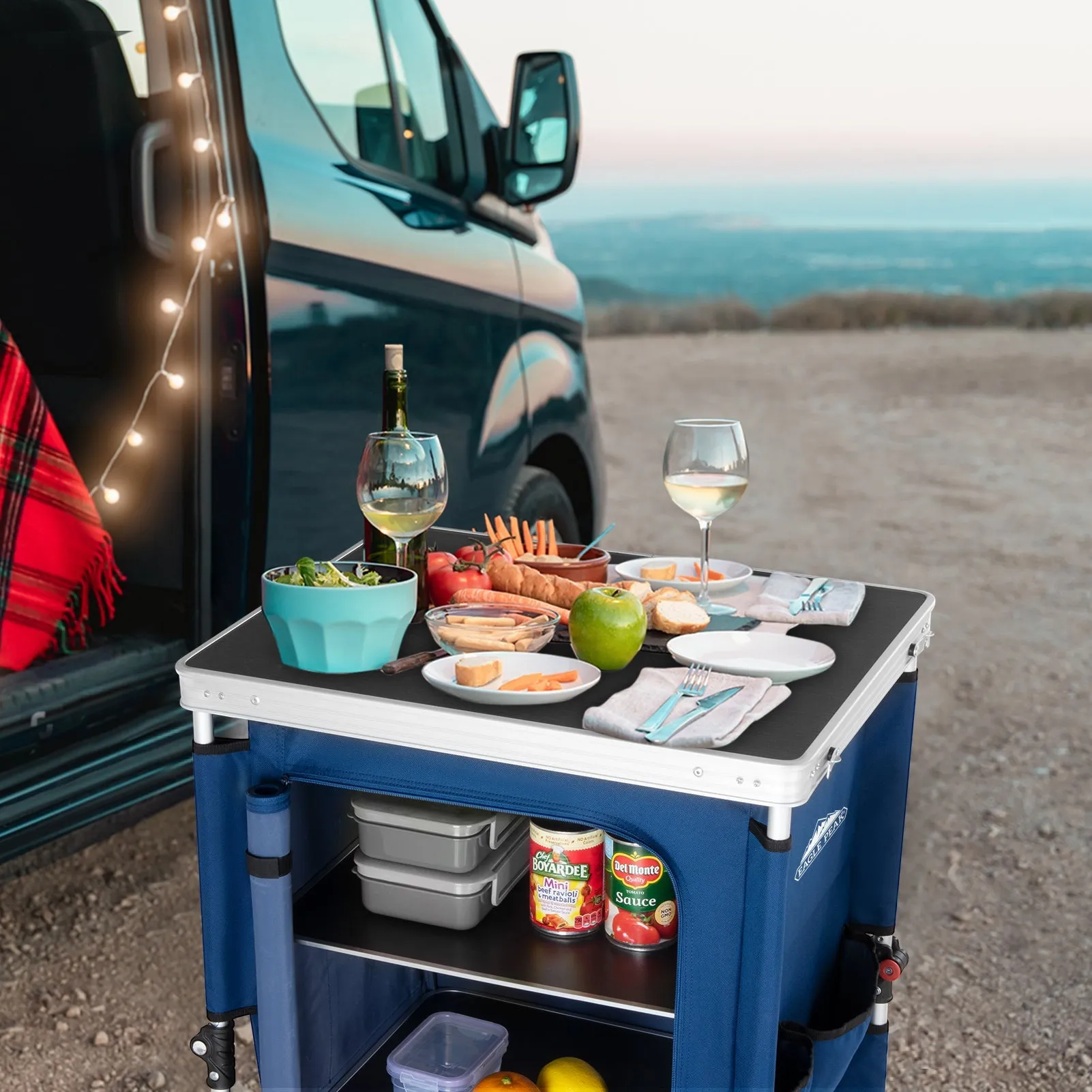 Outdoor Camping Pop Up Folding Table with Large 3-Tier Storage Organizer and Side Pockets
