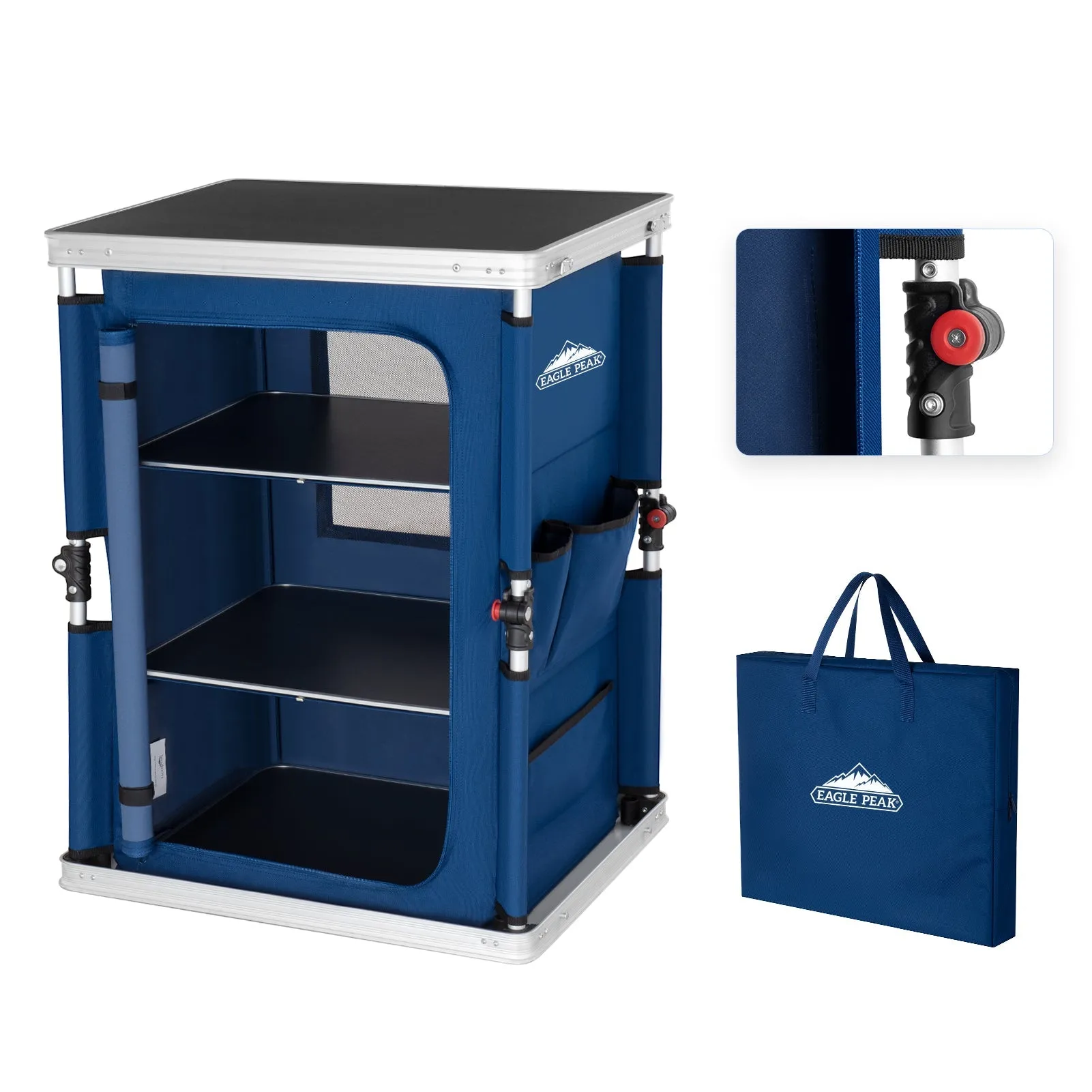 Outdoor Camping Pop Up Folding Table with Large 3-Tier Storage Organizer and Side Pockets