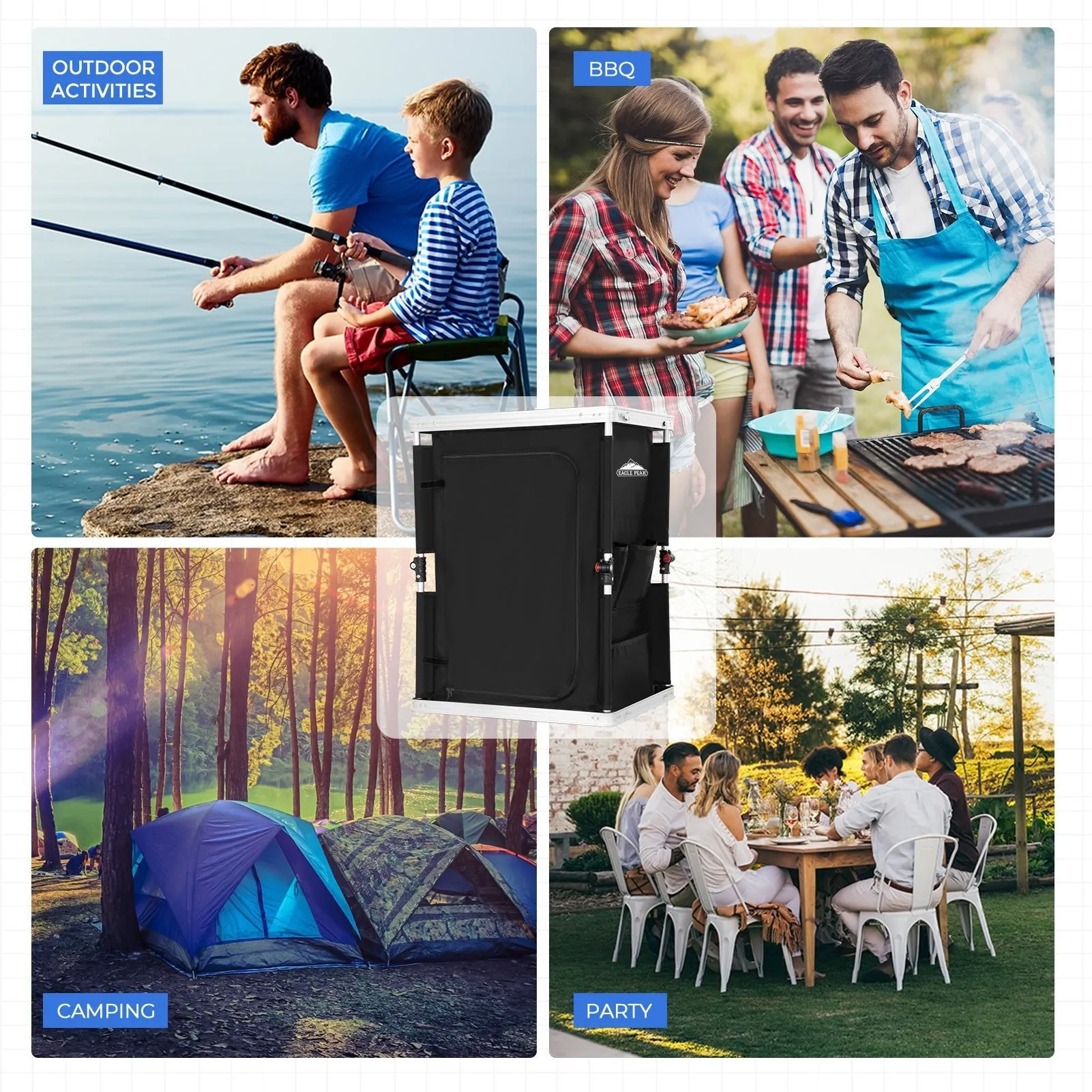 Outdoor Camping Pop Up Folding Table with Large 3-Tier Storage Organizer and Side Pockets