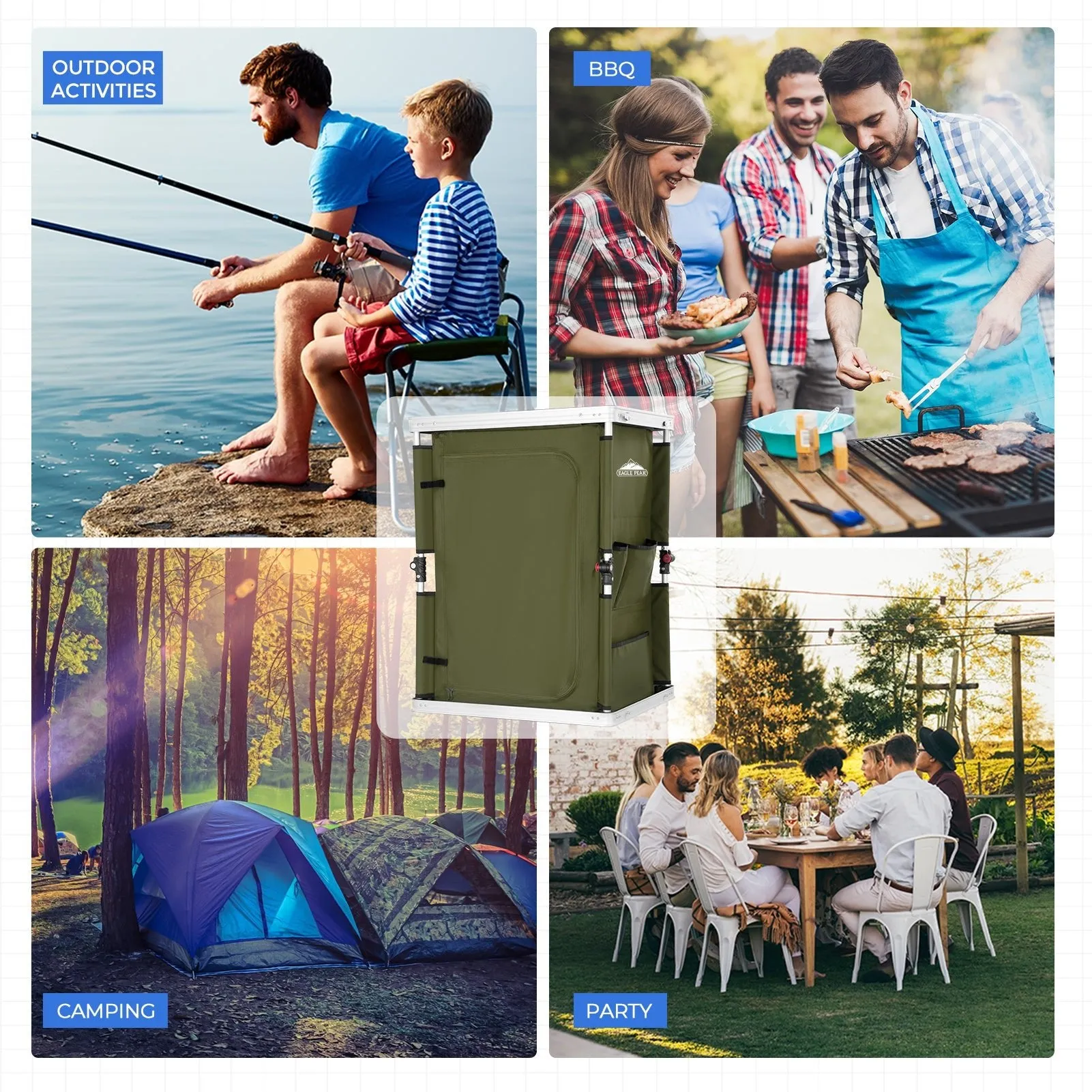 Outdoor Camping Pop Up Folding Table with Large 3-Tier Storage Organizer and Side Pockets