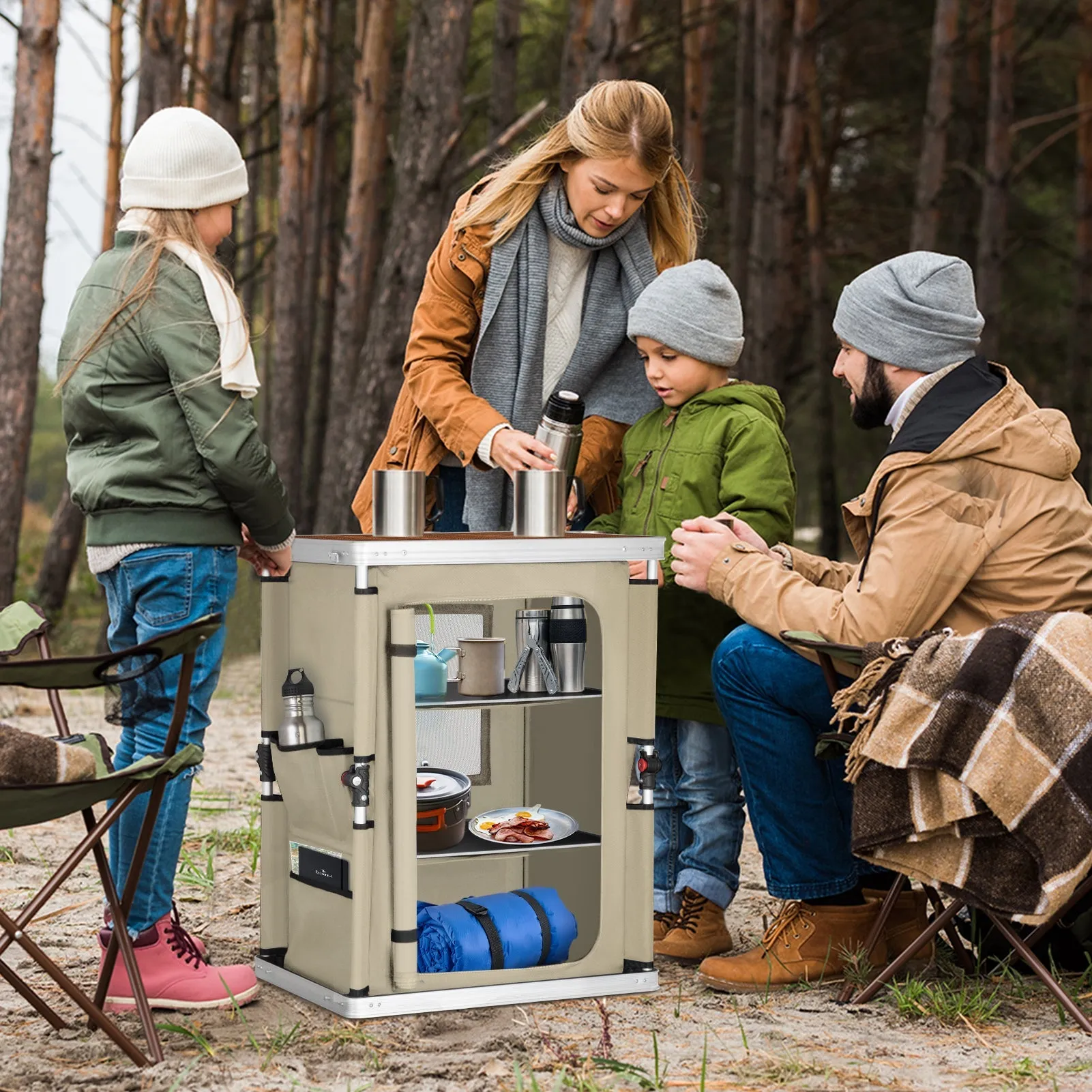 Outdoor Camping Pop Up Folding Table with Large 3-Tier Storage Organizer and Side Pockets