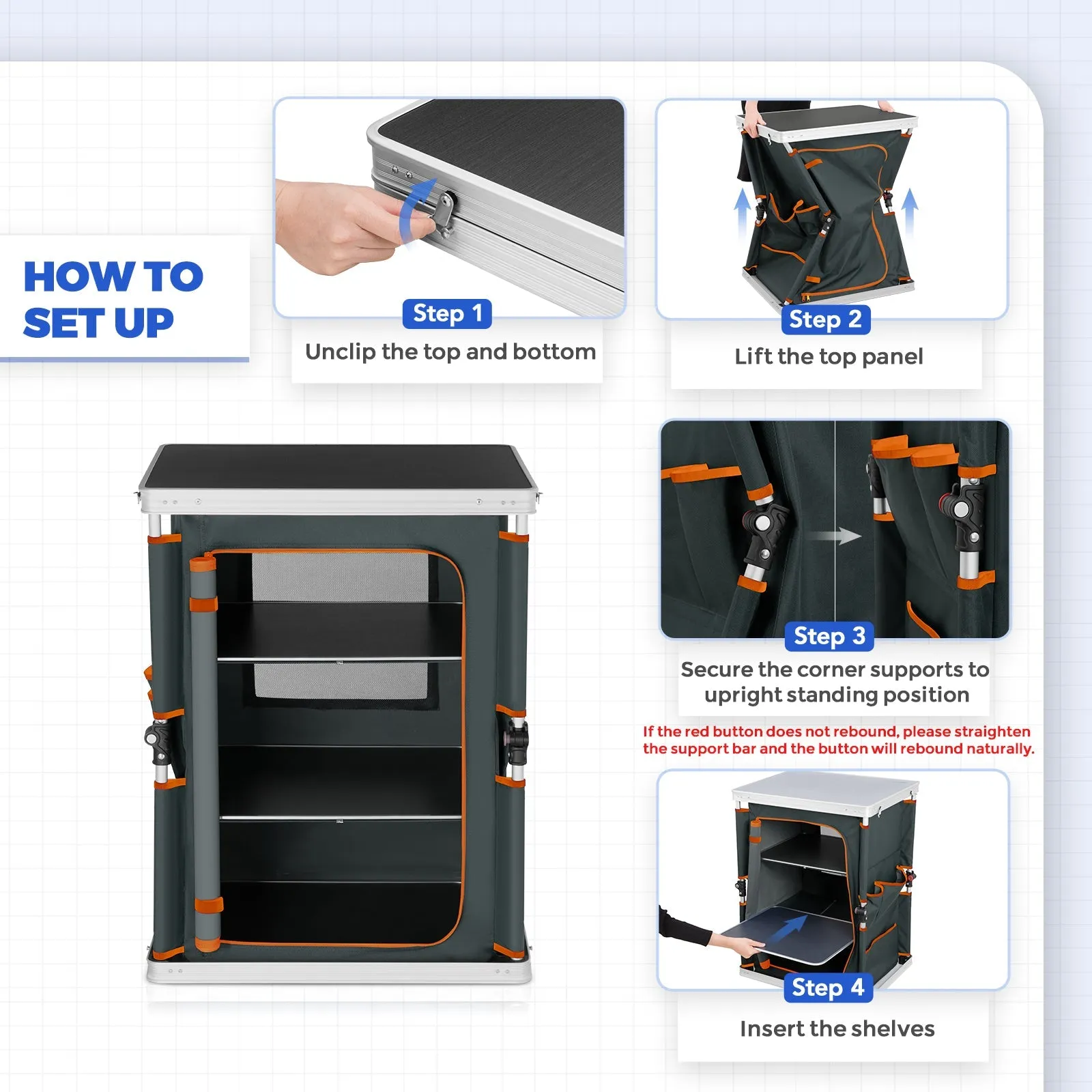 Outdoor Camping Pop Up Folding Table with Large 3-Tier Storage Organizer and Side Pockets