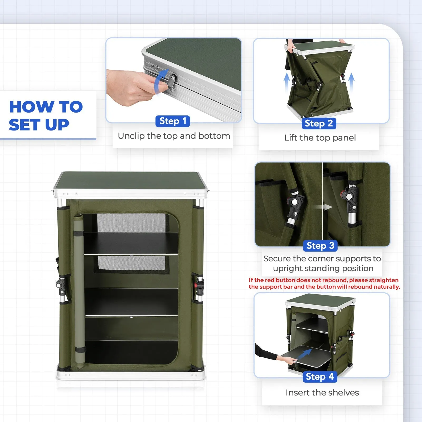 Outdoor Camping Pop Up Folding Table with Large 3-Tier Storage Organizer and Side Pockets