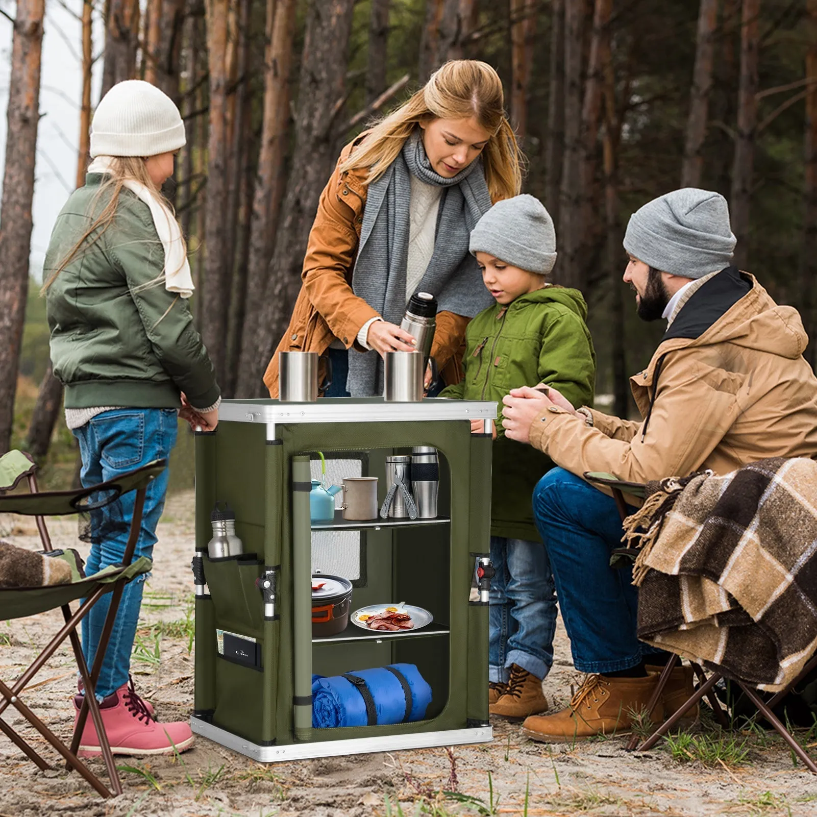 Outdoor Camping Pop Up Folding Table with Large 3-Tier Storage Organizer and Side Pockets