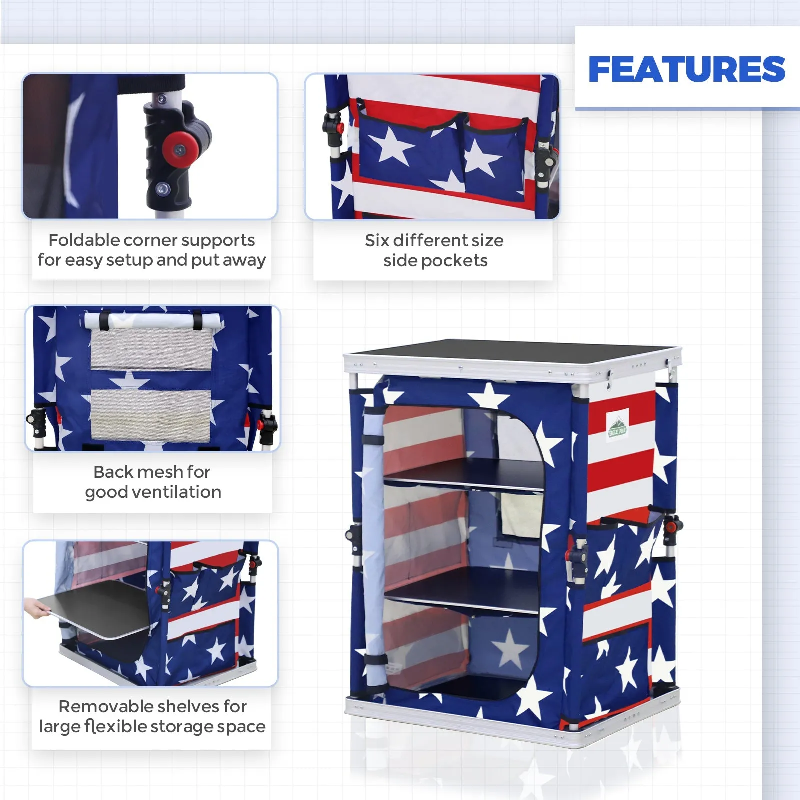 Outdoor Camping Pop Up Folding Table with Large 3-Tier Storage Organizer and Side Pockets
