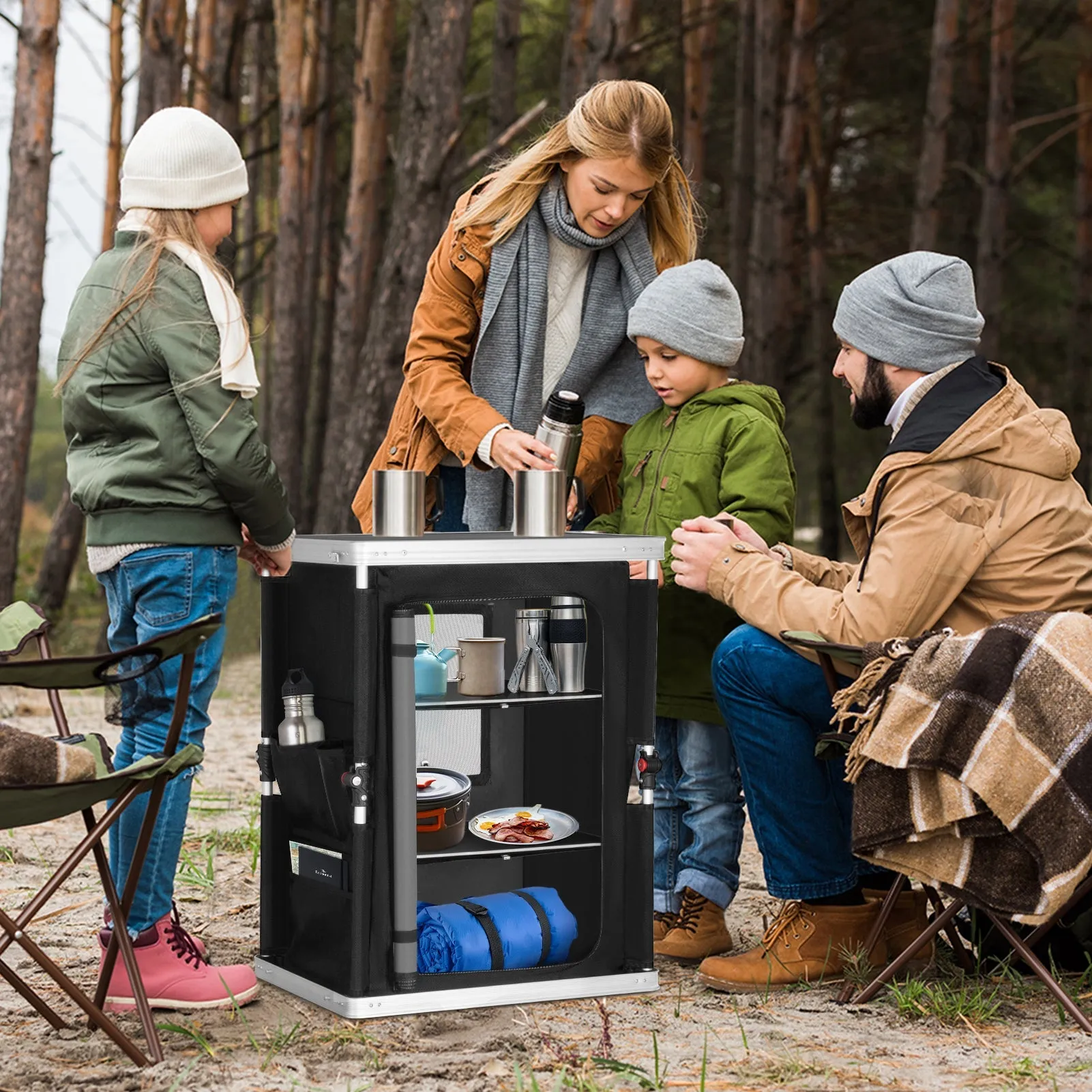 Outdoor Camping Pop Up Folding Table with Large 3-Tier Storage Organizer and Side Pockets