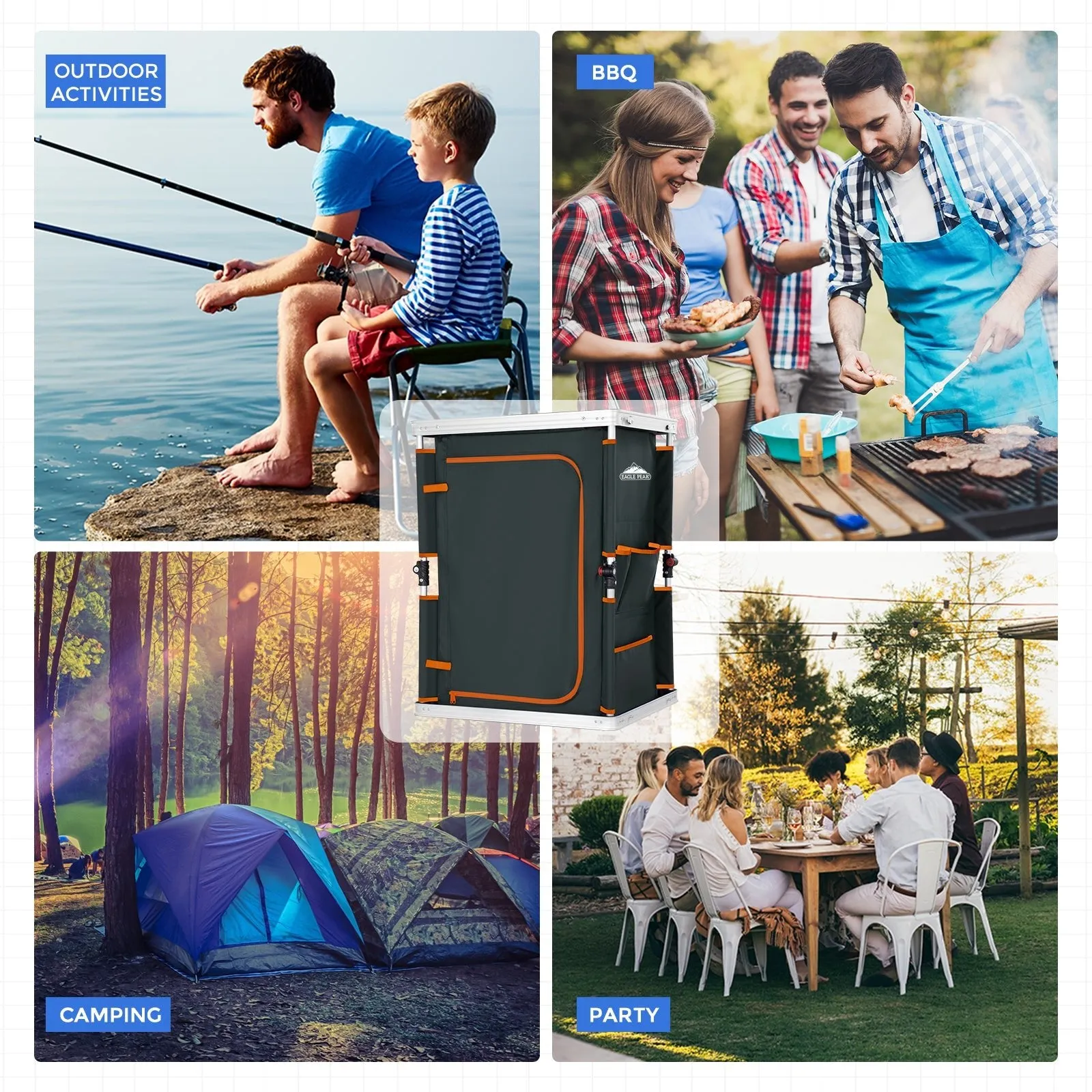Outdoor Camping Pop Up Folding Table with Large 3-Tier Storage Organizer and Side Pockets