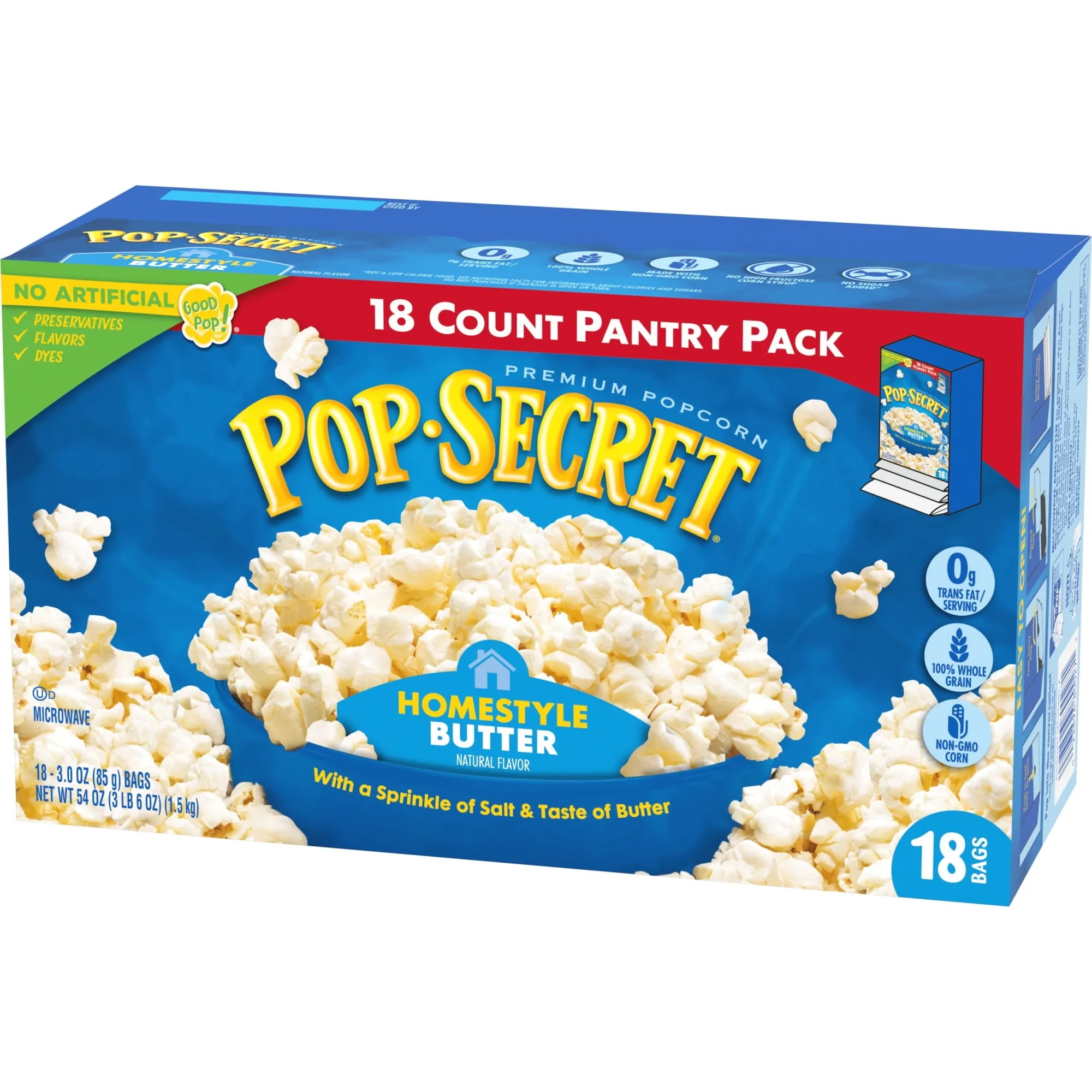 Pop Secret Microwave Popcorn, Homestyle Butter Flavor, 3 oz Sharing Bags, 18 Ct