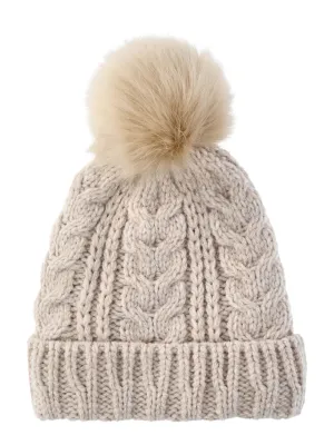 Time and Tru Women's Pom Cable Knit Winter Beanie, Oatmeal Heather