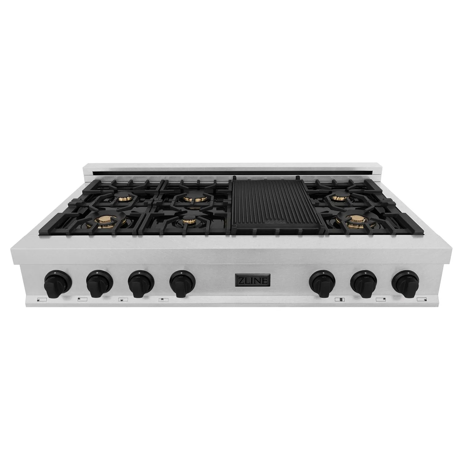 ZLINE Autograph Edition 48" Porcelain Rangetop with 7 Gas Burners in DuraSnow® Stainless Steel with Matte Black Accents (RTSZ-48-MB)