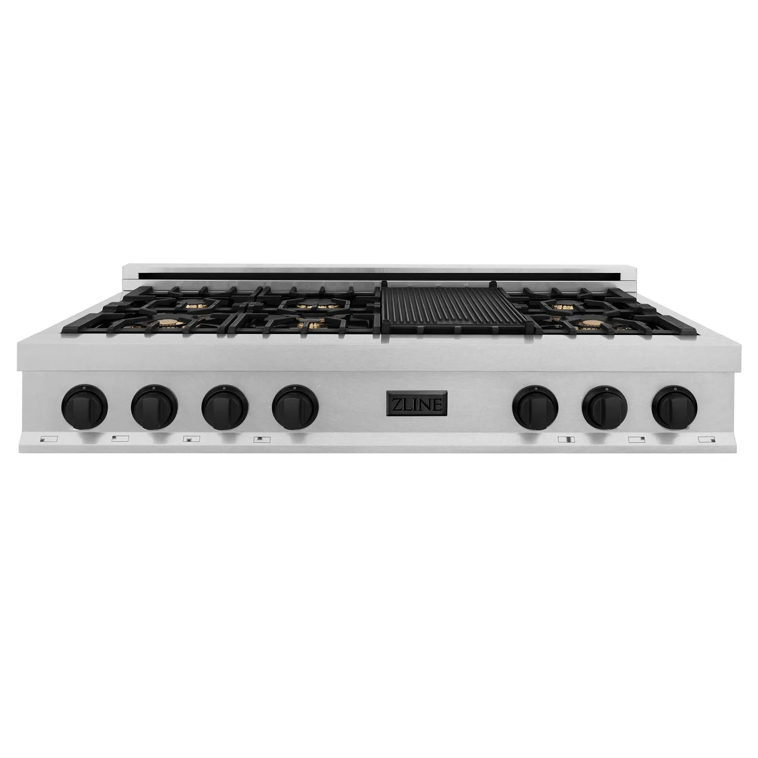 ZLINE Autograph Edition 48" Porcelain Rangetop with 7 Gas Burners in DuraSnow® Stainless Steel with Matte Black Accents (RTSZ-48-MB)